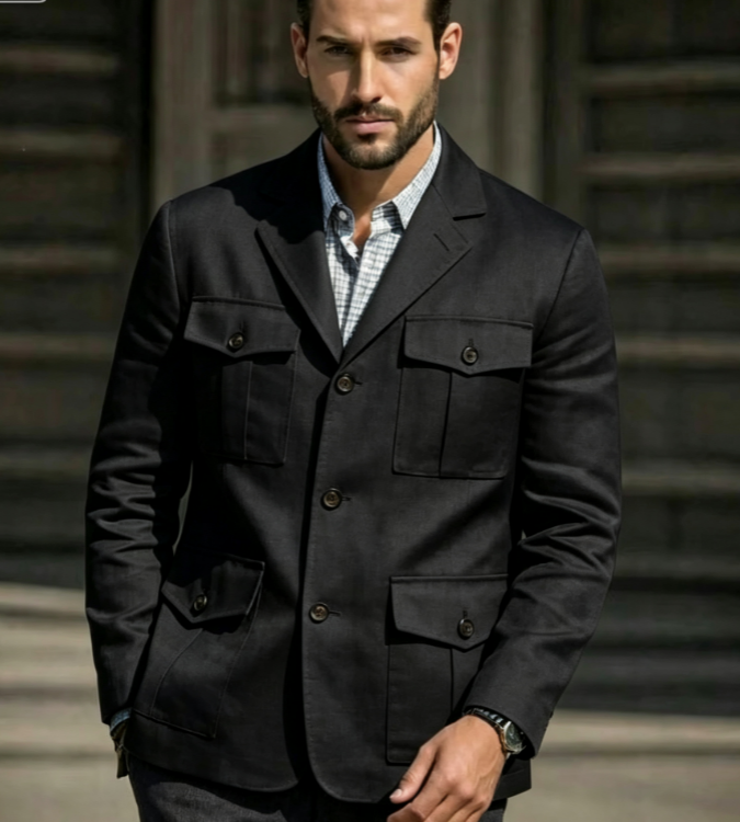 Men'S Formal Resort Wear - Blazer Safari Azul de Linho Masculino